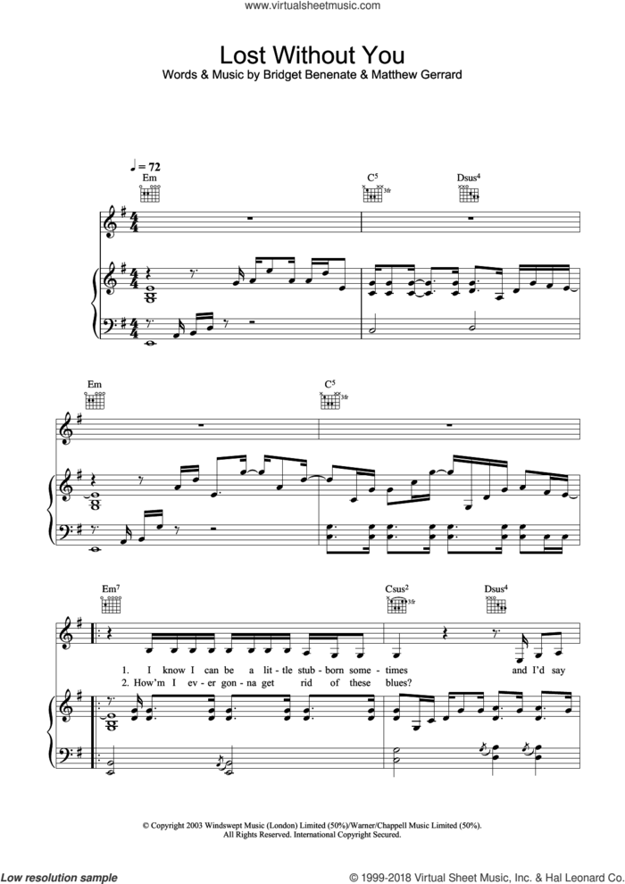 Lost Without You sheet music for voice, piano or guitar by Matthew Gerrard, Delta Goodrem and Bridget Benenate, intermediate skill level