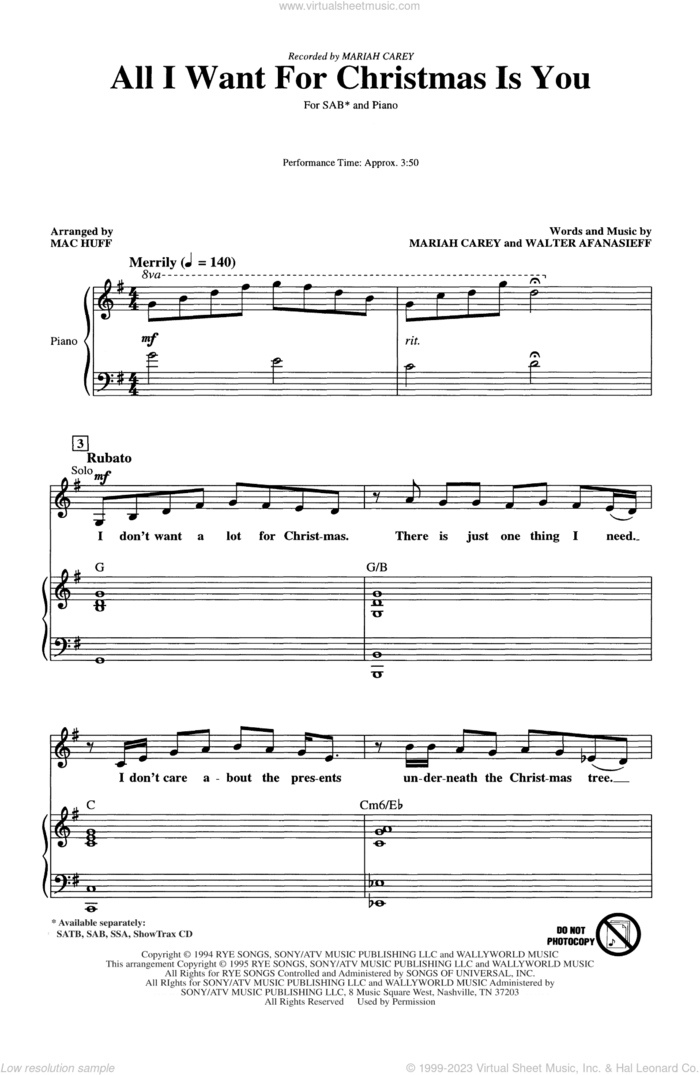 All I Want For Christmas Is You (arr. Mac Huff) sheet music for choir (SAB: soprano, alto, bass) by Mariah Carey, Walter Afanasieff and Mac Huff, intermediate skill level