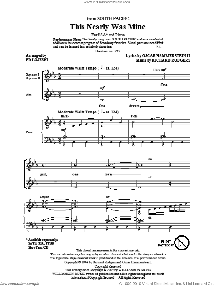 This Nearly Was Mine (from South Pacific) sheet music for choir (SSA: soprano, alto) by Richard Rodgers, Oscar II Hammerstein and Ed Lojeski, intermediate skill level