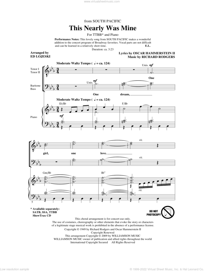 This Nearly Was Mine (from South Pacific) sheet music for choir (TTBB: tenor, bass) by Richard Rodgers, Oscar II Hammerstein and Ed Lojeski, intermediate skill level