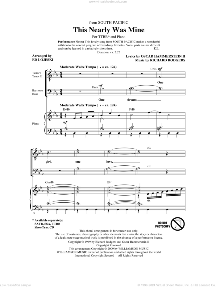 This Nearly Was Mine (from South Pacific) sheet music for choir (TTBB: tenor, bass) by Richard Rodgers, Oscar II Hammerstein and Ed Lojeski, intermediate skill level