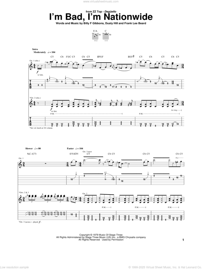 I'm Bad, I'm Nationwide sheet music for guitar (tablature) by ZZ Top, Billy Gibbons, Dusty Hill and Frank Beard, intermediate skill level