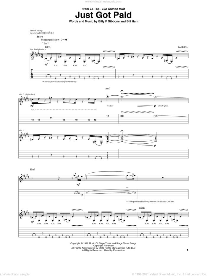 Just Got Paid sheet music for guitar (tablature) by ZZ Top, Bill Ham and Billy Gibbons, intermediate skill level