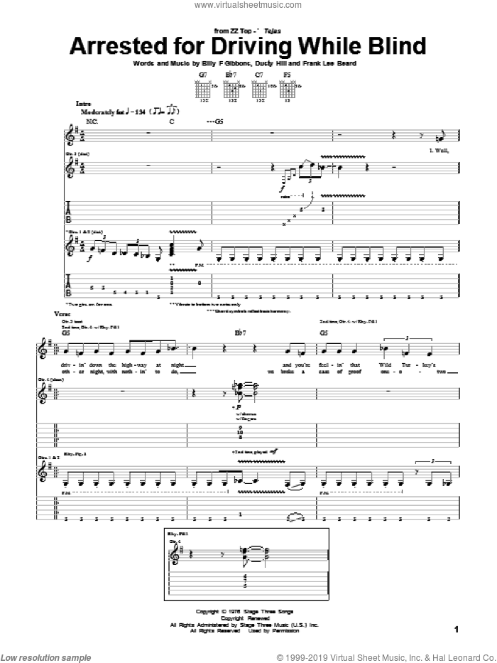 Arrested For Driving While Blind sheet music for guitar (tablature) by ZZ Top, Billy Gibbons, Dusty Hill and Frank Beard, intermediate skill level