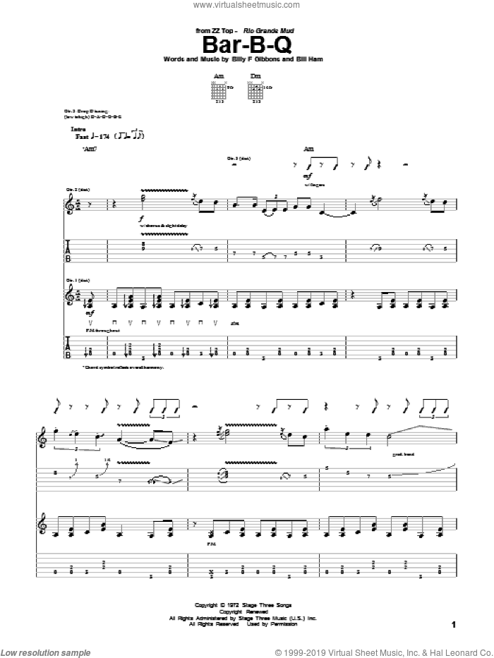 Bar-B-Q sheet music for guitar (tablature) by ZZ Top, Bill Ham and Billy Gibbons, intermediate skill level