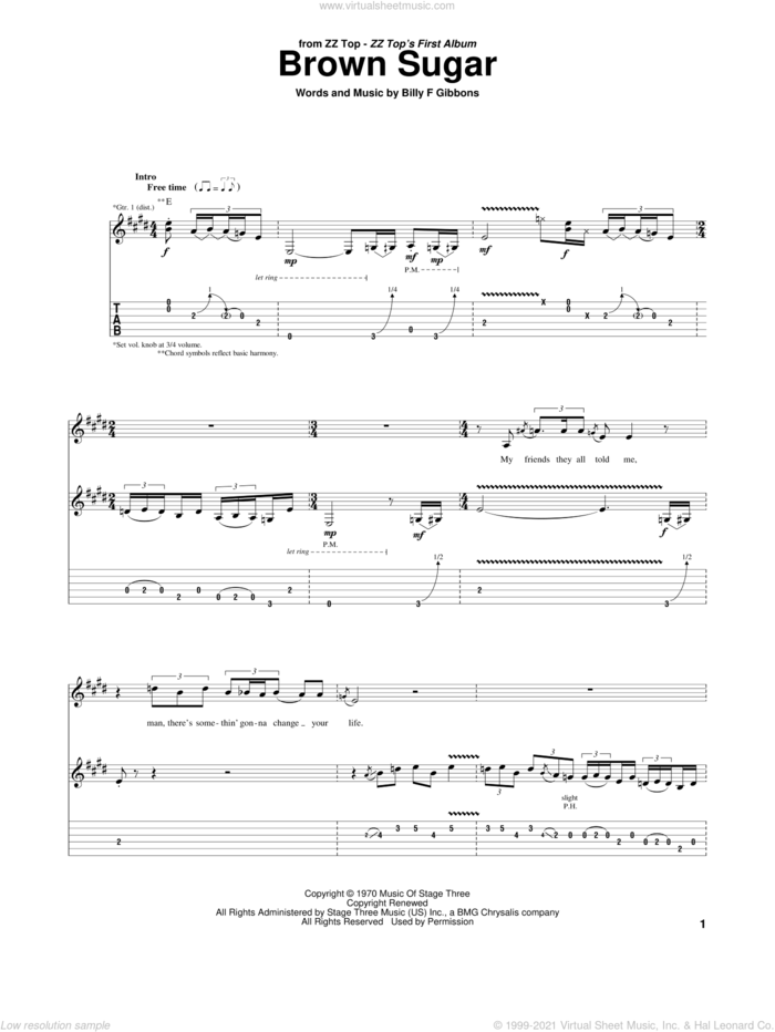 Brown Sugar sheet music for guitar (tablature) by ZZ Top and Billy Gibbons, intermediate skill level
