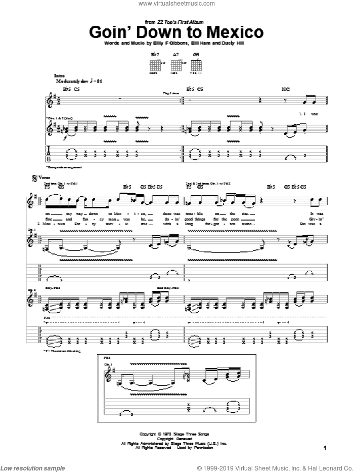Goin' Down To Mexico sheet music for guitar (tablature) by ZZ Top, Bill Ham, Billy Gibbons and Dusty Hill, intermediate skill level