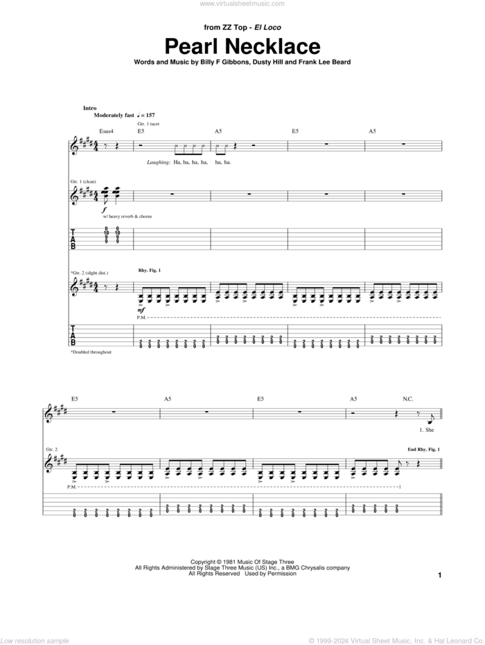 Pearl Necklace sheet music for guitar (tablature) by ZZ Top, Billy Gibbons, Dusty Hill and Frank Beard, intermediate skill level