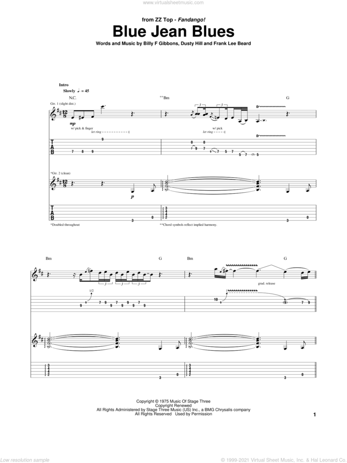 Blue Jean Blues sheet music for guitar (tablature) by ZZ Top, Billy Gibbons, Dusty Hill and Frank Beard, intermediate skill level