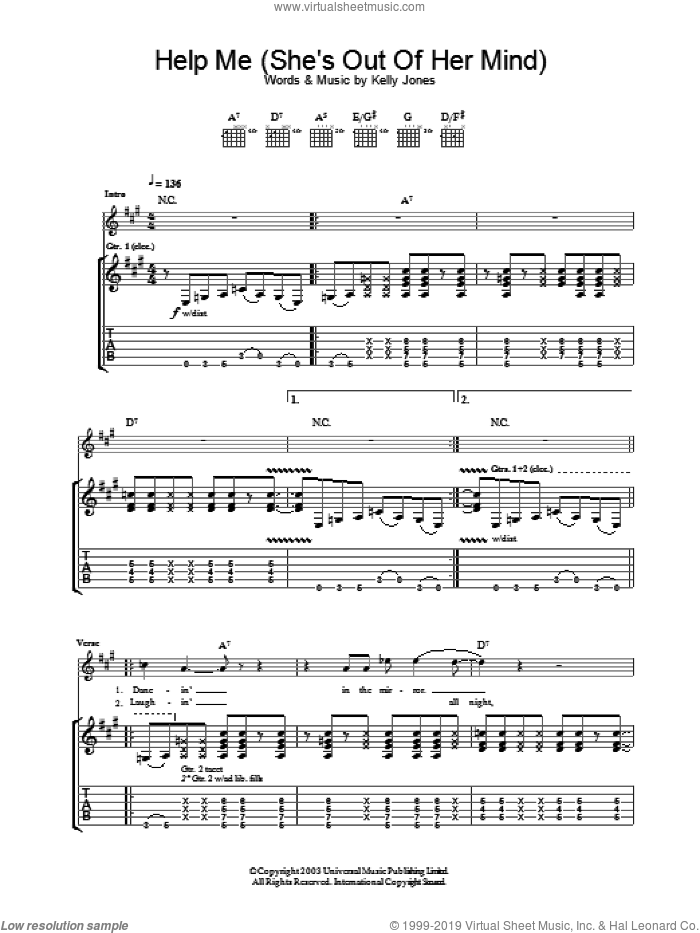 Help Me (She's Out Of Her Mind) sheet music for guitar (tablature) by Stereophonics, intermediate skill level