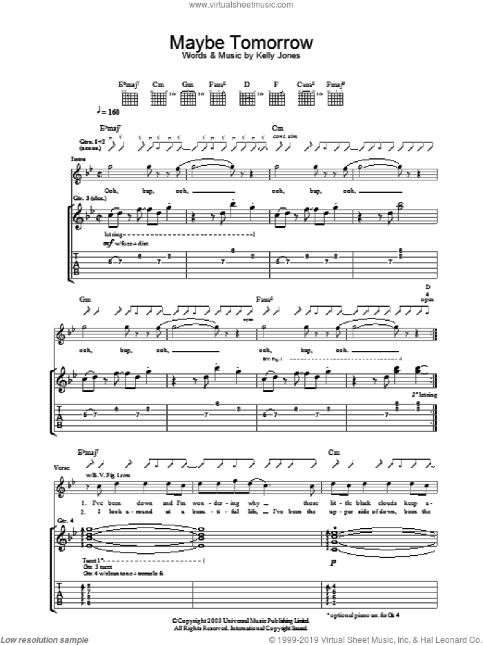 Maybe Tomorrow sheet music for guitar (tablature) by Stereophonics, intermediate skill level