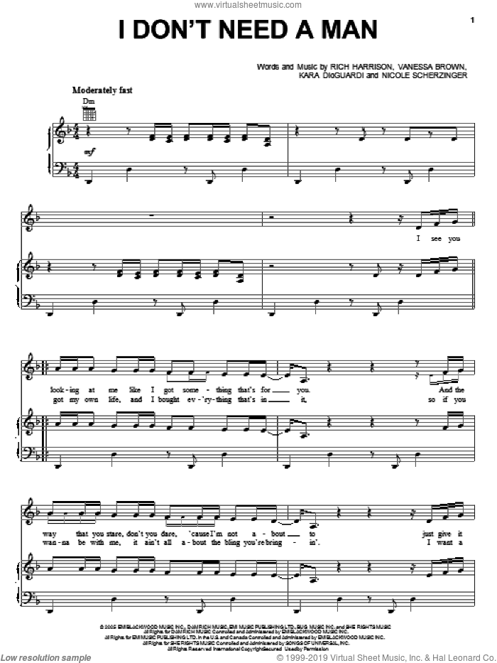 I Don't Need A Man sheet music for voice, piano or guitar by Kara DioGuardi, The Pussycat Dolls, Nicole Scherzinger, Rich Harrison and Vanessa Brown, intermediate skill level