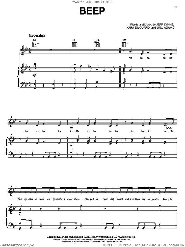 Beep sheet music for voice, piano or guitar by Kara DioGuardi, The Pussycat Dolls, Jeff Lynne and Will Adams, intermediate skill level