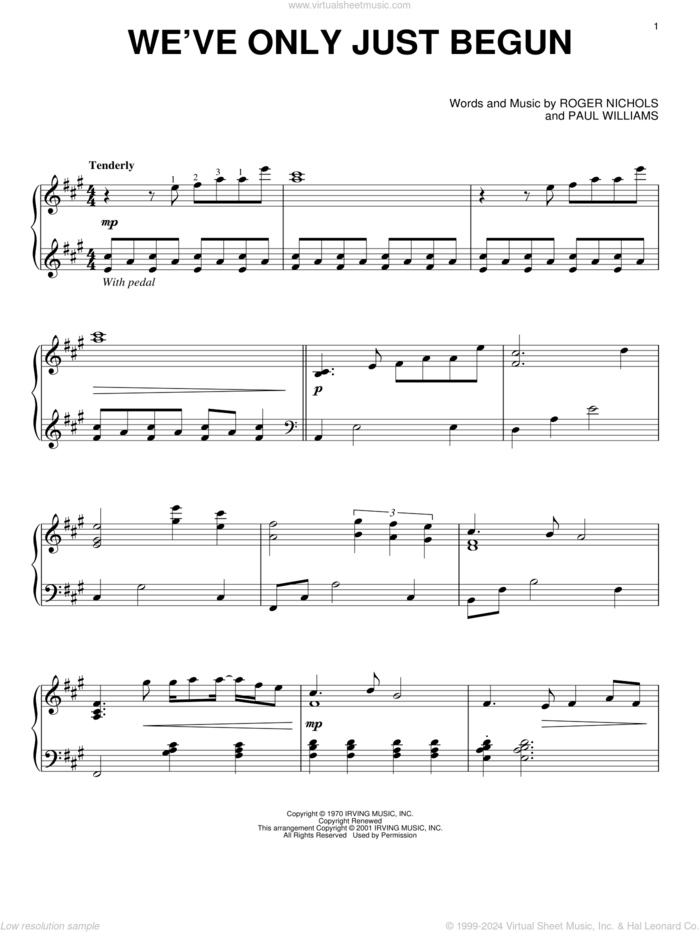 We've Only Just Begun sheet music for piano solo by Carpenters, Paul Williams and Roger Nichols, wedding score, intermediate skill level