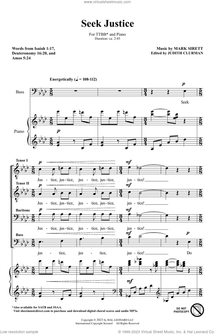 Seek Justice sheet music for choir (TTBB: tenor, bass) by Mark Sirett, intermediate skill level