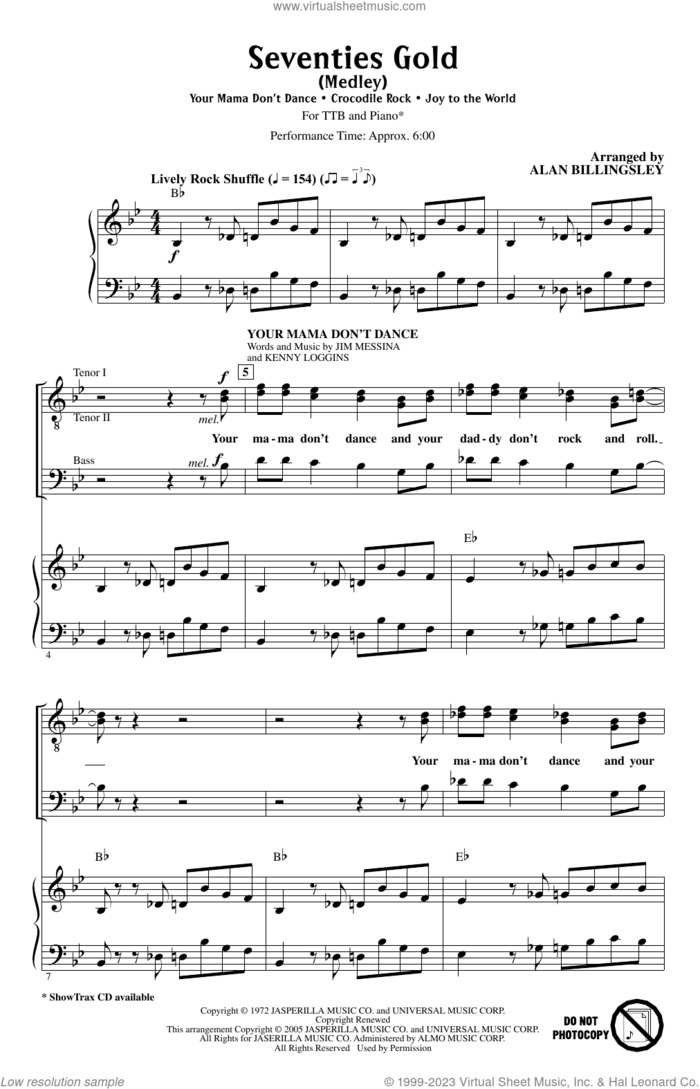 Seventies Gold (Medley) sheet music for choir (TTB: tenor, bass) by Alan Billingsley, intermediate skill level
