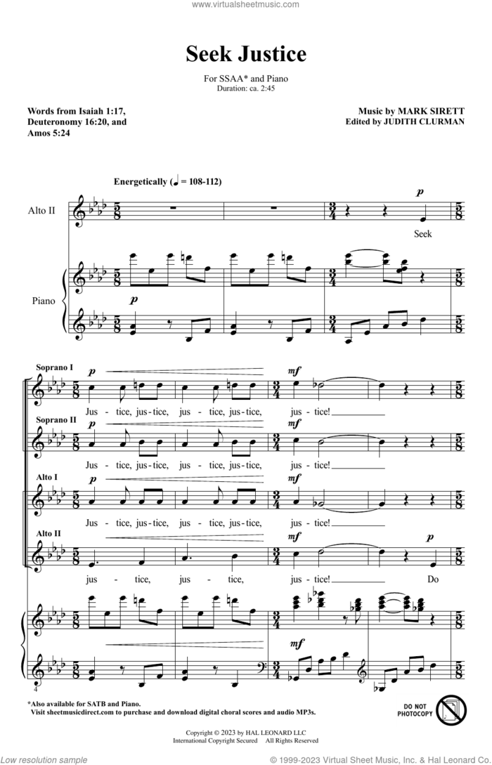 Seek Justice sheet music for choir (SSAA: soprano, alto) by Mark Sirett, intermediate skill level