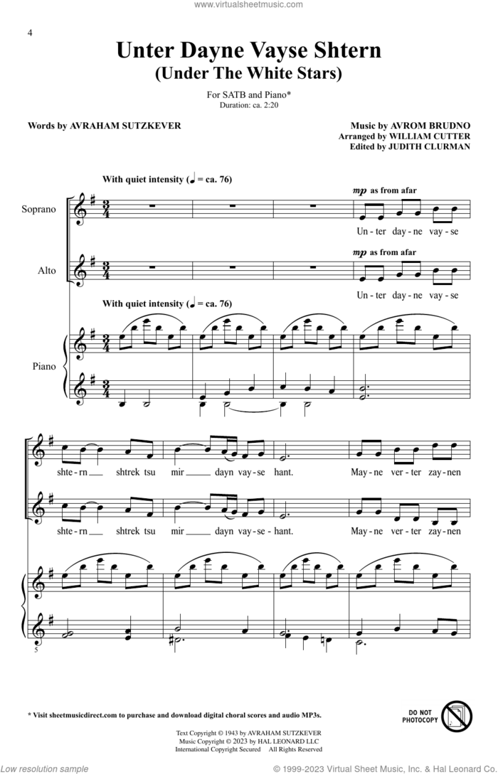 Unter Dayne Vayse Shtern (Under Your White Stars) (arr. Bill Cutler) sheet music for choir (SATB: soprano, alto, tenor, bass) by Avrom Brudno, Bill Cutter and Avraham Sutzkever, intermediate skill level