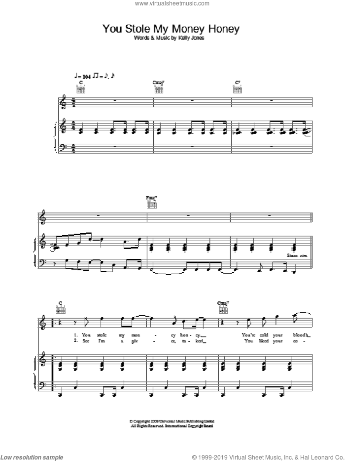 You Stole My Money Honey sheet music for voice, piano or guitar by Stereophonics, intermediate skill level