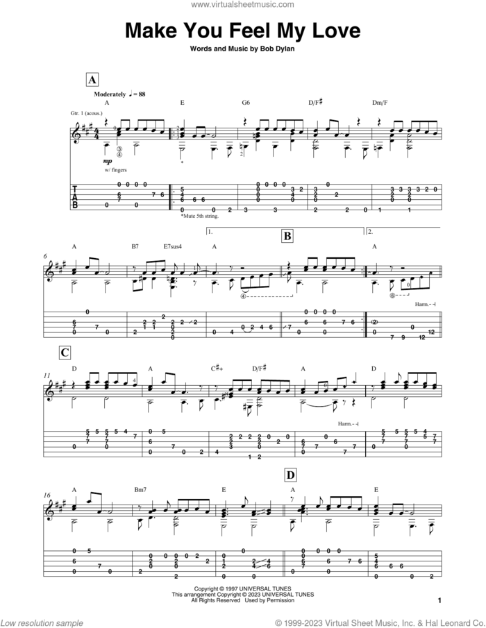 Make You Feel My Love sheet music for guitar solo by Bob Dylan, Mark Hanson and Adele, intermediate skill level