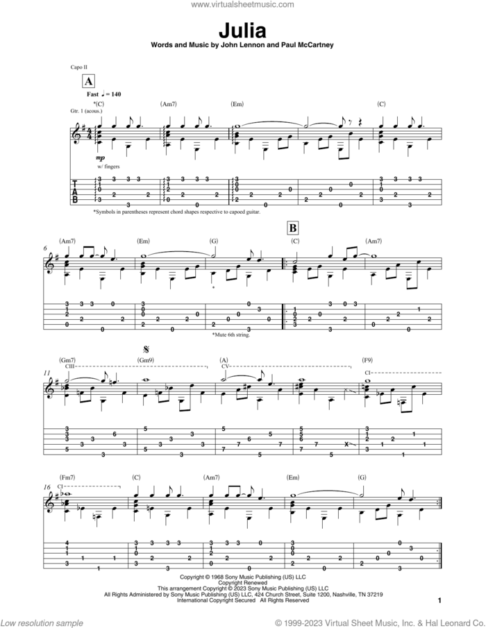 Julia, (intermediate) sheet music for guitar solo by The Beatles, Mark Hanson, John Lennon and Paul McCartney, intermediate skill level