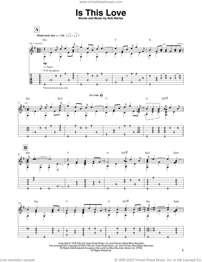 Is This Love sheet music for guitar solo by Bob Marley and Mark Hanson, intermediate skill level