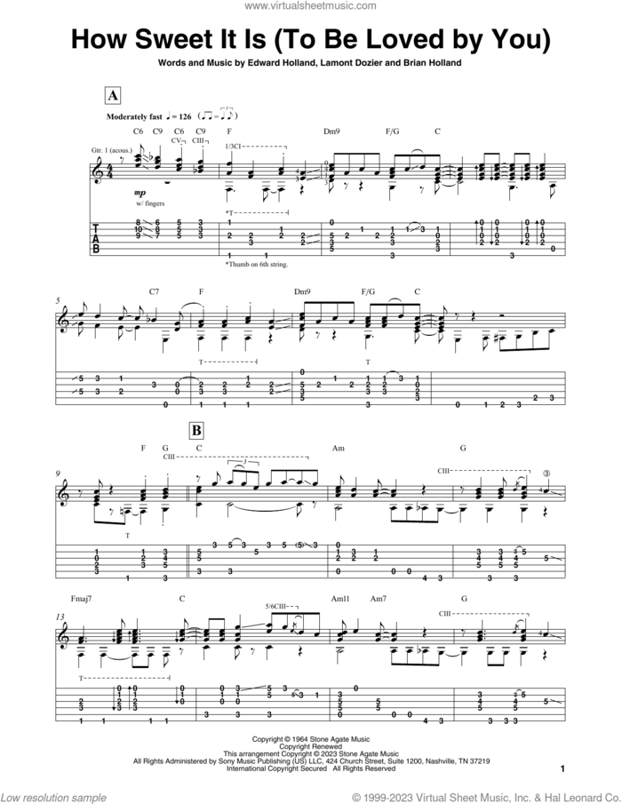 How Sweet It Is (To Be Loved By You) sheet music for guitar solo by James Taylor, Mark Hanson, Brian Holland, Eddie Holland and Lamont Dozier, intermediate skill level