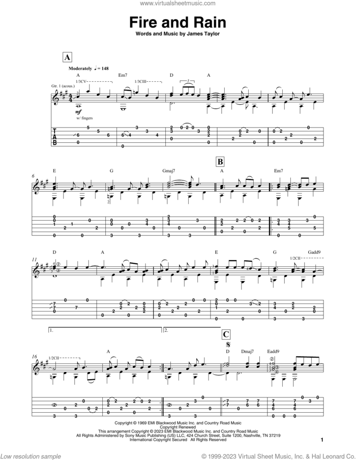 Fire And Rain, (intermediate) sheet music for guitar solo by James Taylor and Mark Hanson, intermediate skill level