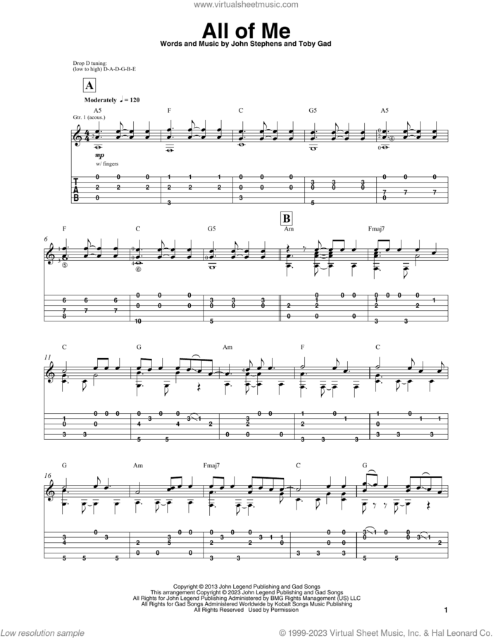 All Of Me sheet music for guitar solo by John Legend, Mark Hanson, John Stephens and Toby Gad, intermediate skill level