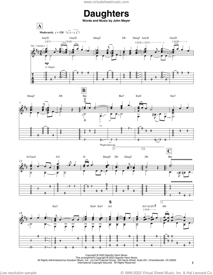 Daughters sheet music for guitar solo by John Mayer and Mark Hanson, intermediate skill level