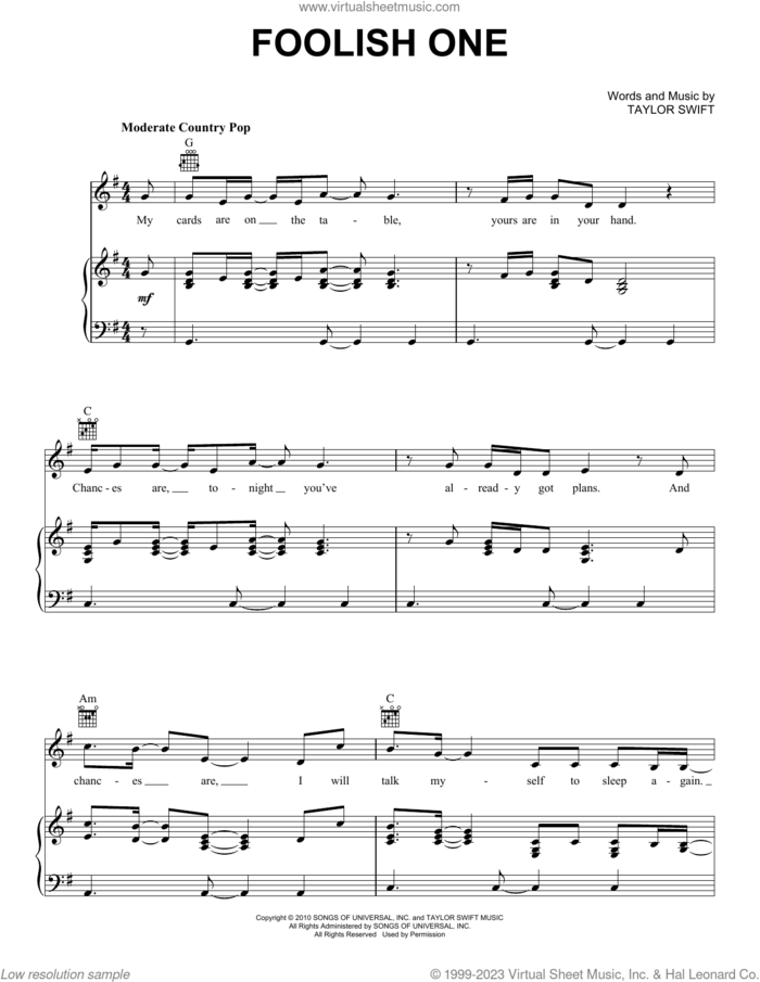 Foolish One (Taylor's Version) (From The Vault) sheet music for voice, piano or guitar by Taylor Swift, intermediate skill level
