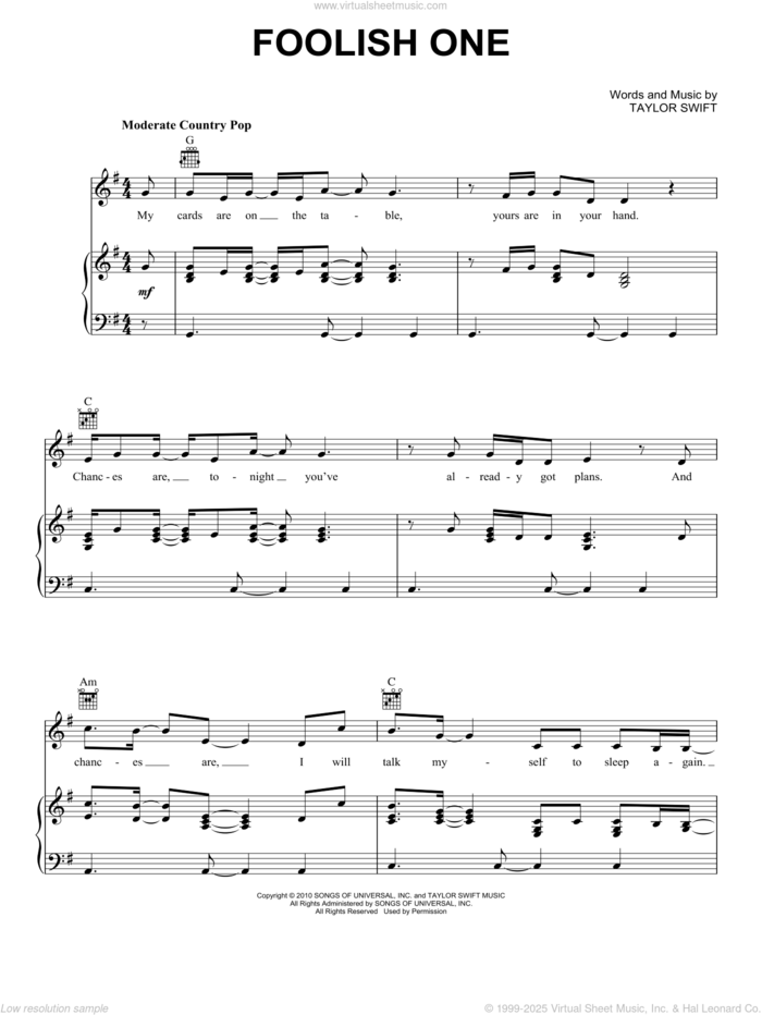 Foolish One (Taylor's Version) (From The Vault) sheet music for voice, piano or guitar by Taylor Swift, intermediate skill level