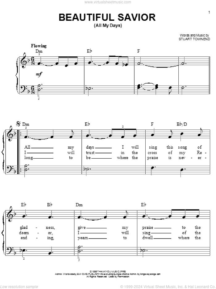 Beautiful Savior (All My Days), (easy) sheet music for piano solo by Stuart Townend and Tim Hughes, easy skill level