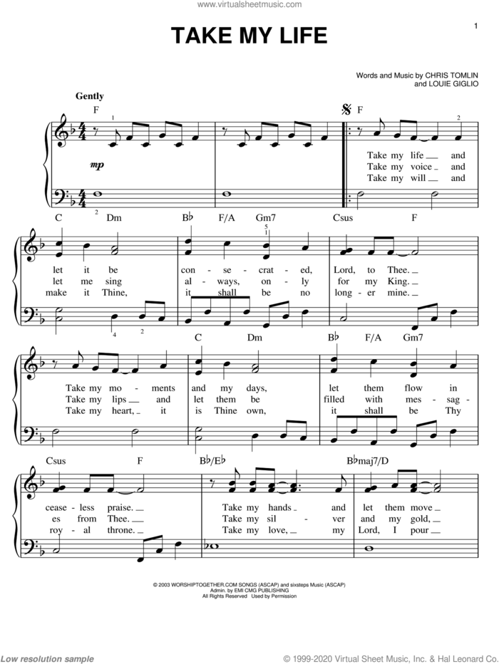 Take My Life sheet music for piano solo by Chris Tomlin and Louie Giglio, easy skill level