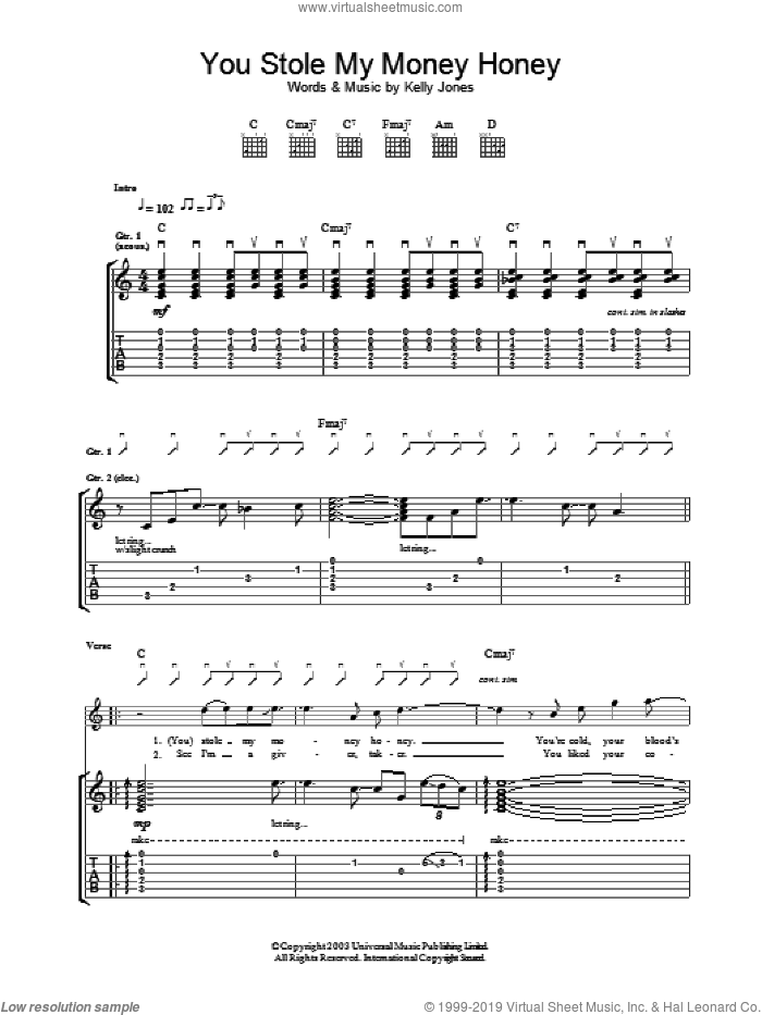 You Stole My Money Honey sheet music for guitar (tablature) by Stereophonics, intermediate skill level