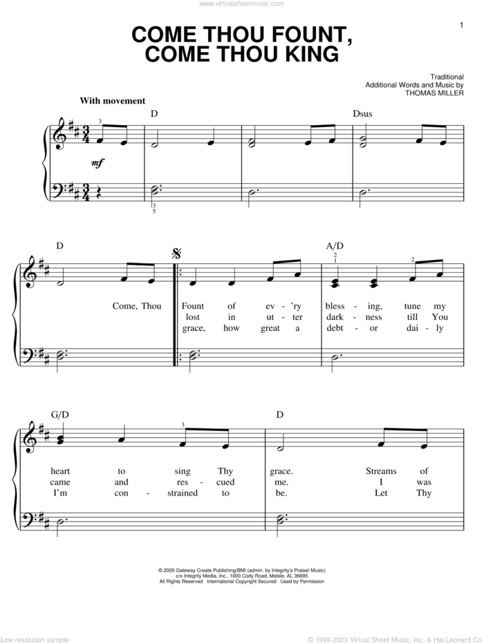 Come Thou Fount, Come Thou King, (easy) sheet music for piano solo by Gateway Worship, Miscellaneous and Thomas Miller, easy skill level