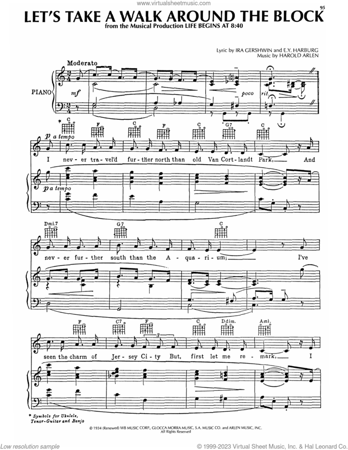 Let's Take A Walk Around The Block sheet music for voice, piano or guitar by Ira Gershwin, E.Y. Harburg and Harold Arlen, intermediate skill level