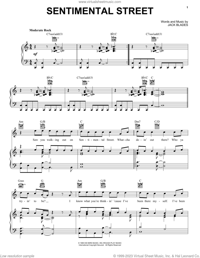 Sentimental Street sheet music for voice, piano or guitar by Night Ranger and Jack Blades, intermediate skill level