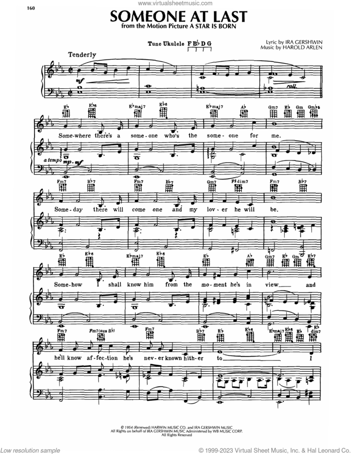 Someone At Last (from A Star Is Born) (1954) sheet music for voice, piano or guitar by Judy Garland, Harold Arlen and Ira Gershwin, intermediate skill level
