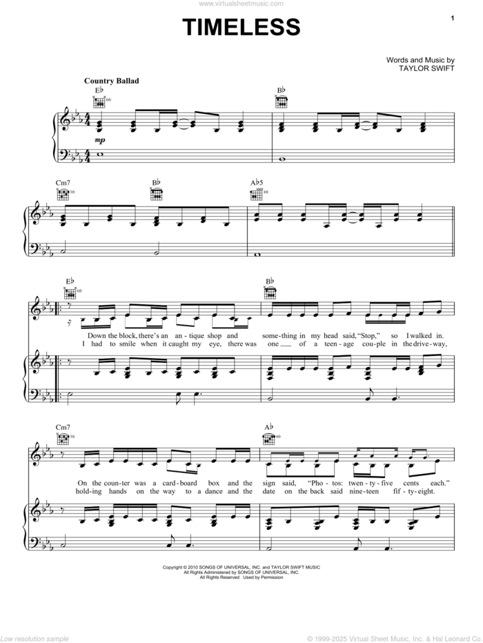 Timeless (Taylor's Version) (From The Vault) sheet music for voice, piano or guitar by Taylor Swift, intermediate skill level