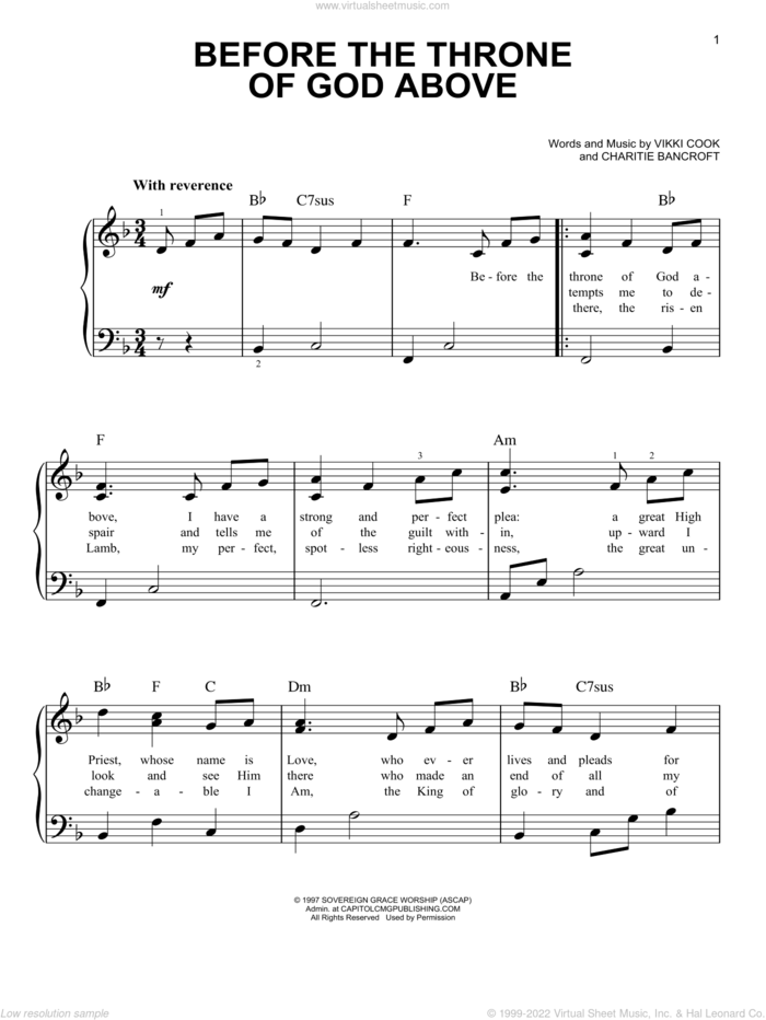 Before The Throne Of God Above sheet music for piano solo by Selah, Shane & Shane, Sonicflood, Charitie Bancroft and Vikki Cook, easy skill level