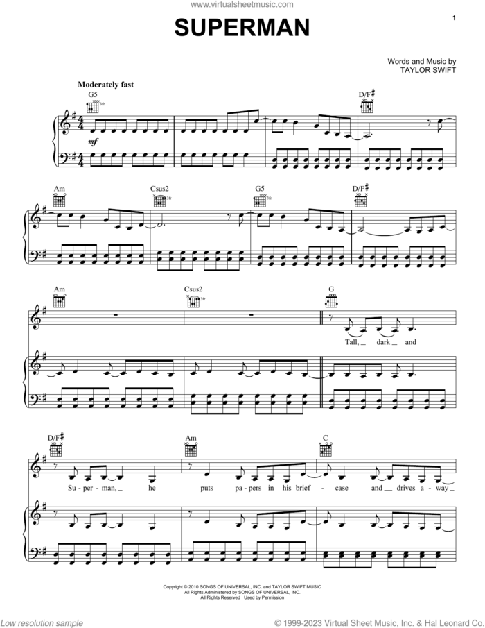 Superman (Taylor's Version) sheet music for voice, piano or guitar by Taylor Swift, intermediate skill level