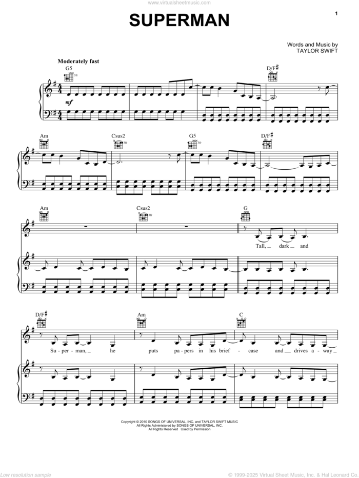 Superman (Taylor's Version) sheet music for voice, piano or guitar by Taylor Swift, intermediate skill level