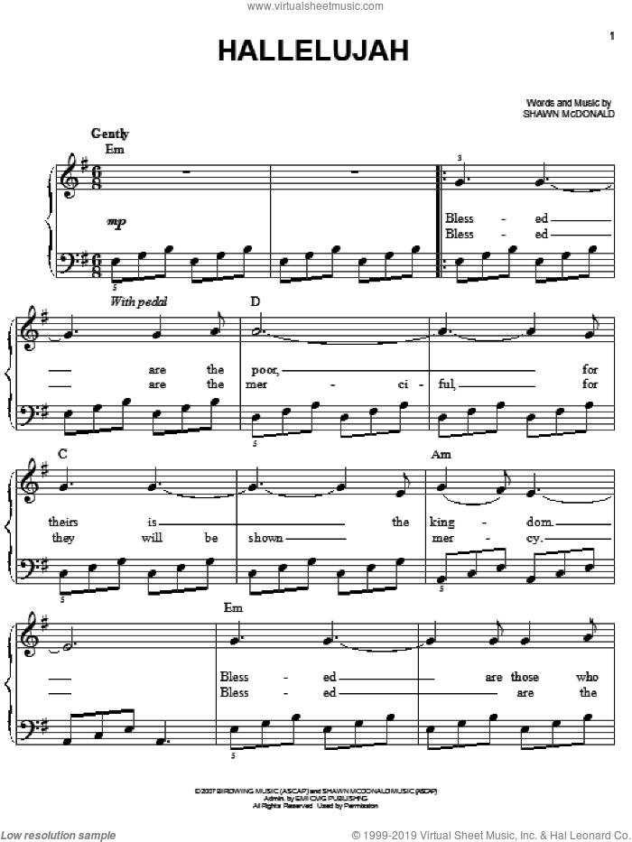 Hallelujah sheet music for piano solo by Shawn McDonald, easy skill level
