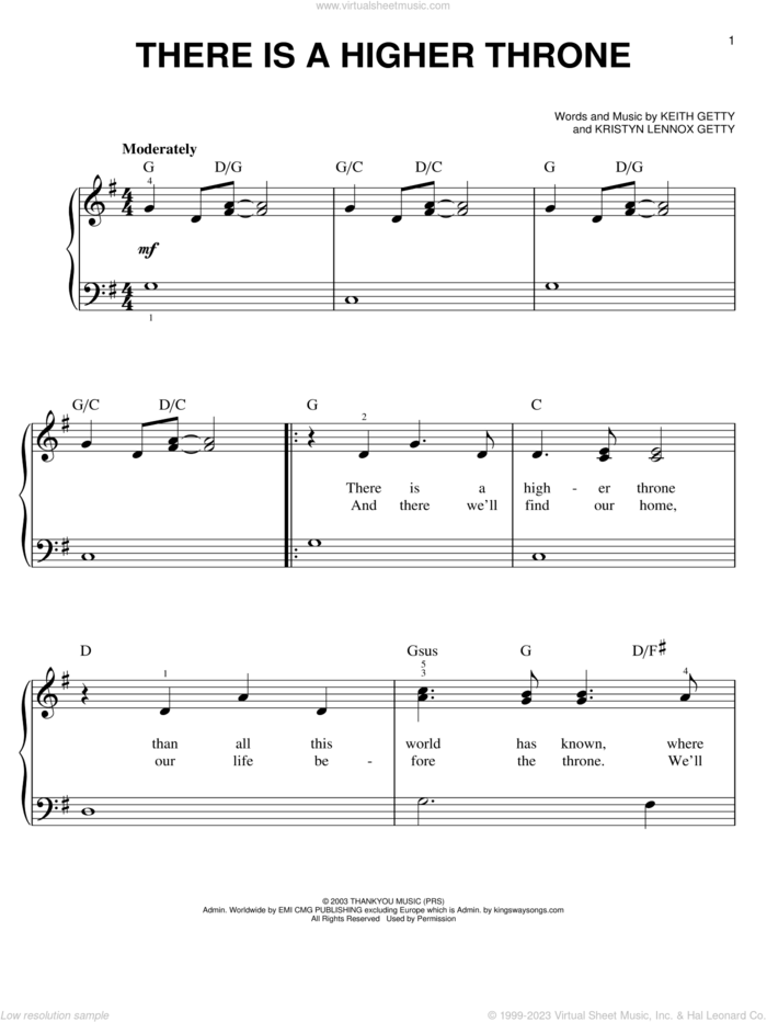 There Is A Higher Throne, (easy) sheet music for piano solo by Keith & Kristyn Getty, Keith Getty and Kristyn Lennox Getty, easy skill level