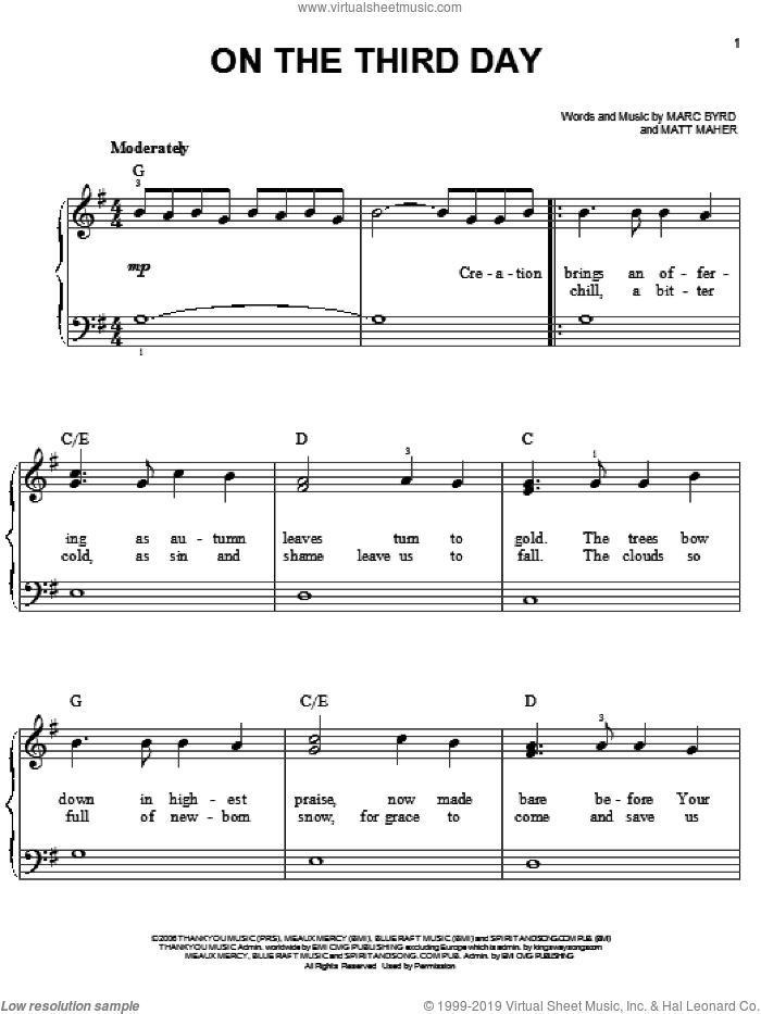 On The Third Day sheet music for piano solo by Bethany Dillon, Marc Byrd and Matt Maher, easy skill level