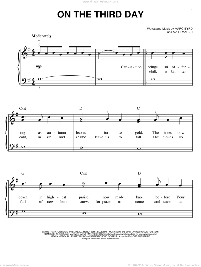 On The Third Day sheet music for piano solo by Bethany Dillon, Marc Byrd and Matt Maher, easy skill level