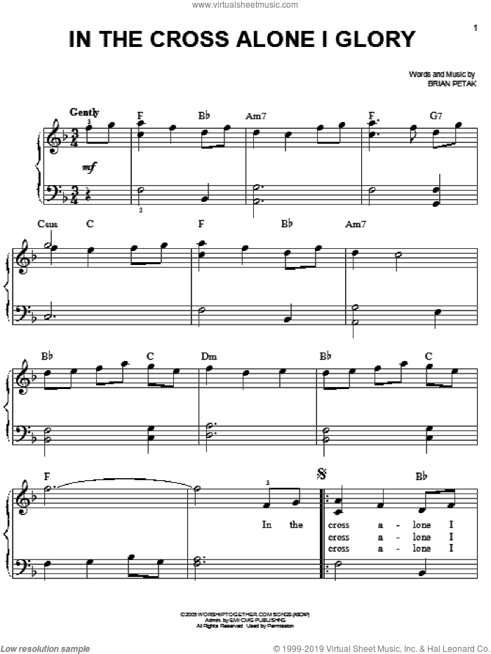 In The Cross Alone I Glory sheet music for piano solo by Brian Petak, easy skill level
