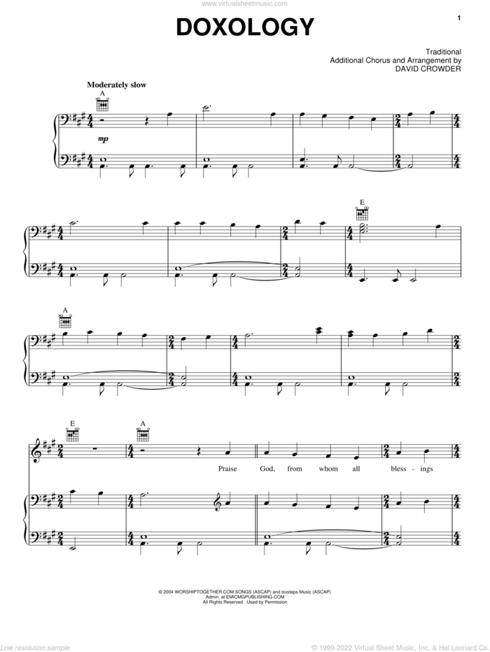 Doxology sheet music for voice, piano or guitar by David Crowder Band, David Crowder and Miscellaneous, intermediate skill level