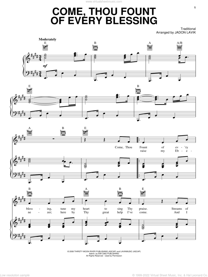 Come Thou Fount Of Every Blessing sheet music for voice, piano or guitar by Jadon Lavik and Miscellaneous, intermediate skill level